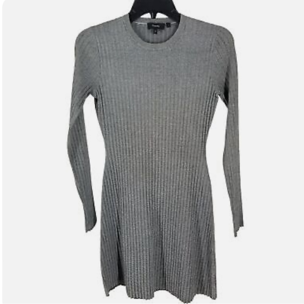 Theory Gray Ribbed Knit Long Sleeve Fit Flare Sweater Dress